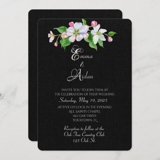 fleur de pomme sur invitation mariage noir (Devant / Derrière)