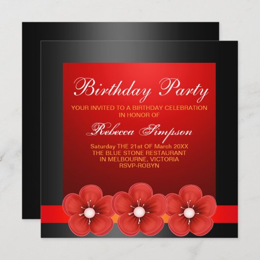 Fleur de printemps Design noir/rouge Invitation d' (Devant / Derrière)