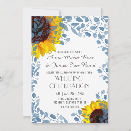 Fleur de soleil bleu florale Invitations de mariag (Devant)