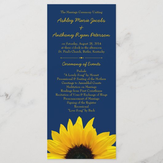 Fleur de tournesol jaune Programme de mariage bleu (Devant)