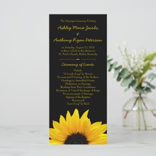 Fleur de tournesol jaune Programme de mariage noir (Debout devant)