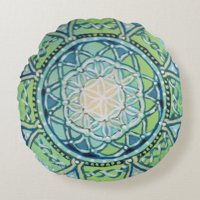 Fleur de vert bleu de coussin rond de mandala de (Devant)