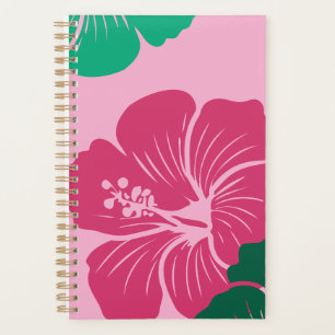 Fleur d'Hibiscus Rose Chaud avec Feuilles Vertes