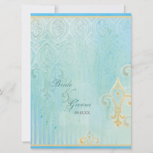 Fleur di Lys Damask 2 Blauw - Bruiloft uitnodiging (Voorkant)