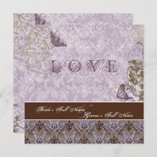 Fleur di Lys Damask - Faire-part de mariage violet (Devant / Derrière)