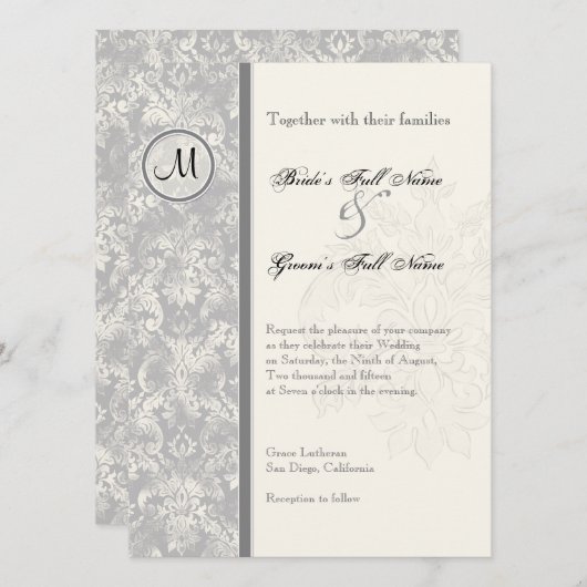 Fleur di Lys Damask - Grijze bruiloft uitnodiging (Voorkant / Achterkant)