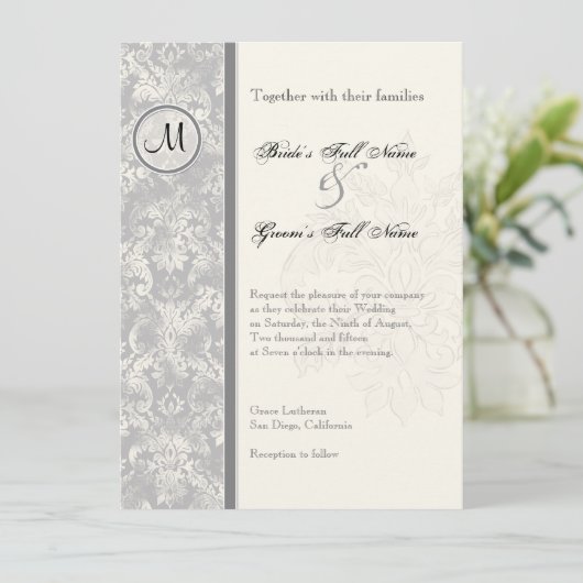 Fleur di Lys Damask - Grijze bruiloft uitnodiging (Staand voorkant)