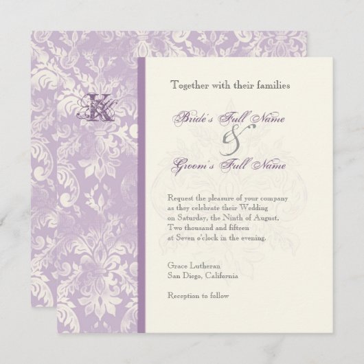 Fleur di Lys Damask - Lilac Faire-part de mariage (Devant / Derrière)