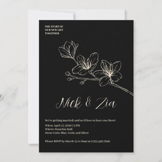 Fleur d'or noir Faire-part de mariage blanc minima (Devant)