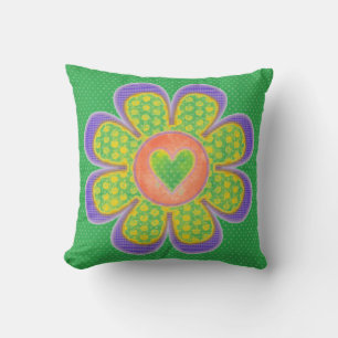 Fleur du coeur Vert Jaune Violet Coussins