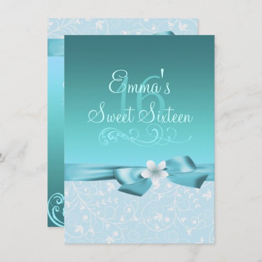 Fleur et Bow bleu/blanc Invitation d'anniversaire (Devant / Derrière)