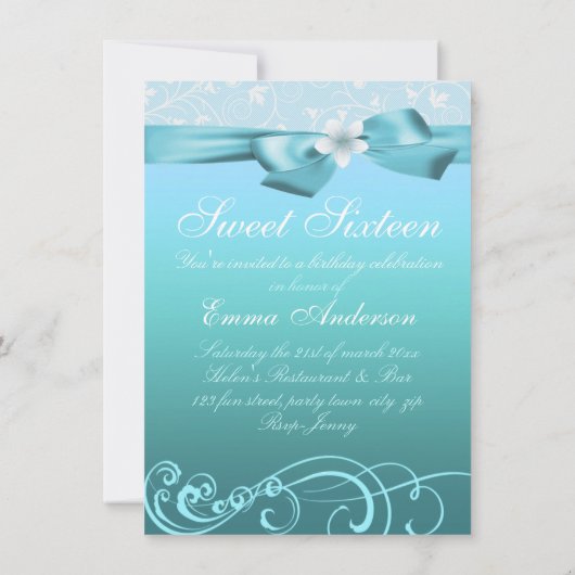 Fleur et Bow bleu/blanc Invitation d'anniversaire (Dos)