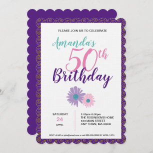 Fleur et spirales rose et violet Invitation d'anni