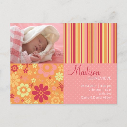 Fleur Fizz rose et orange ・ Faire-part bébé (Devant)