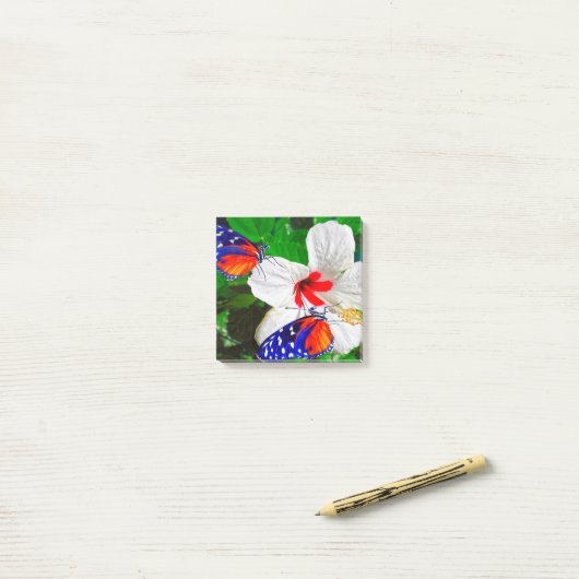 Fleur Hibiscus avec Tiger Longwing Post-It Notes (Sur un bureau)