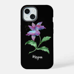 Fleur iridescente sur fond noir, nom en écriture