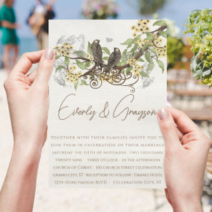 Fleur Jaune Marron Vintage Oiseaux Invitation de M