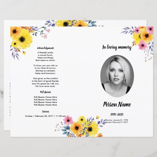FLEUR JAUNE | Modèle de programme de funérailles (Devant / Derrière)