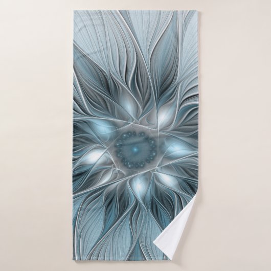 Fleur joyeuse abstraite florale fractale bleue gri (Serviette de bain)
