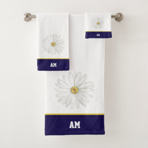 Fleur marguerite & monogramme sur bain bleu marine