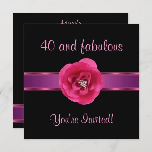 Fleur noire rose Invitation Fabuleuse 40e (Devant / Derrière)