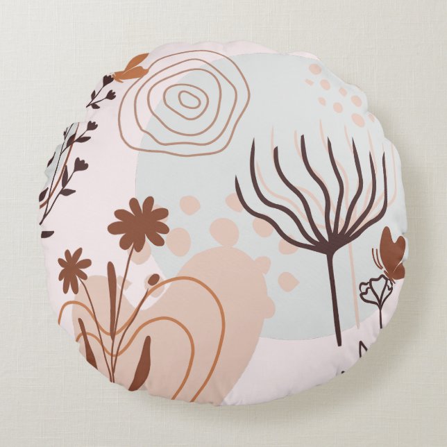 Fleur & Papillon Dans Les Tons Beige Coussin Rond (Devant)