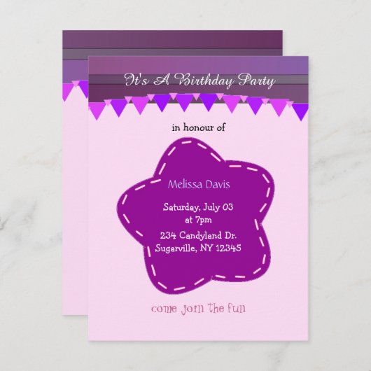Fleur pourpre et rayures Invitation d'anniversaire (Devant / Derrière)
