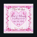 Fleur romantique / Coeurs Sauver le dat Magnet<br><div class="desc">Ce romantique Save the Date présente des rayures branchées et des coeurs romantiques,  des fleurs et des papillons tourbillonnants dans les tons roses. Ce produit peut être customisé en changeant le texte en celui désiré.</div>