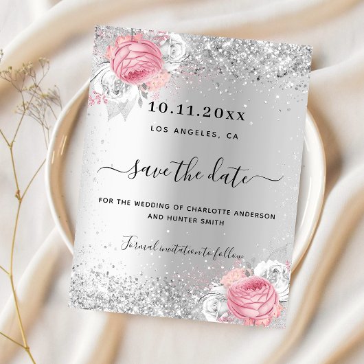 Fleur rose argent mariage enregistrer la carte de 