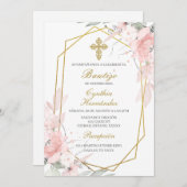 Fleur rose Baptême espagnol Invitation (Devant / Derrière)