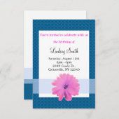 Fleur rose Bleu Ruban Invitation Anniversaire (Devant / Derrière)