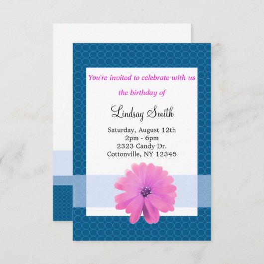 Fleur rose Bleu Ruban Invitation Anniversaire (Devant / Derrière)