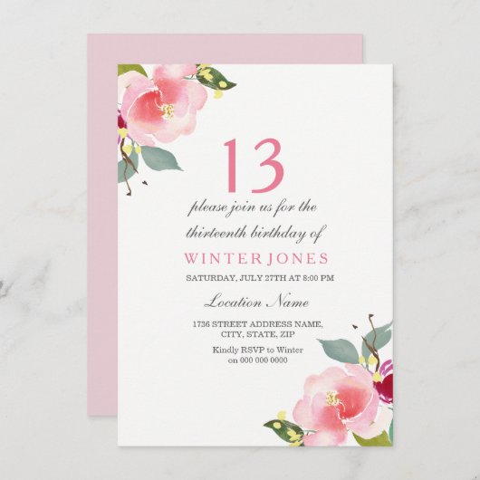 Fleur rose douce Peach 13e anniversaire Invitation (Devant / Derrière)