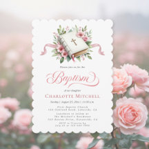 Fleur rose moderne baptême Invitation