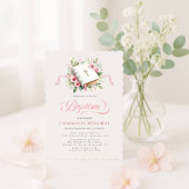 Fleur rose moderne baptême Invitation