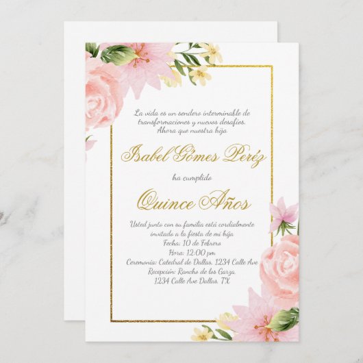 Fleur rose Quince invitation en espagnol (Devant / Derrière)