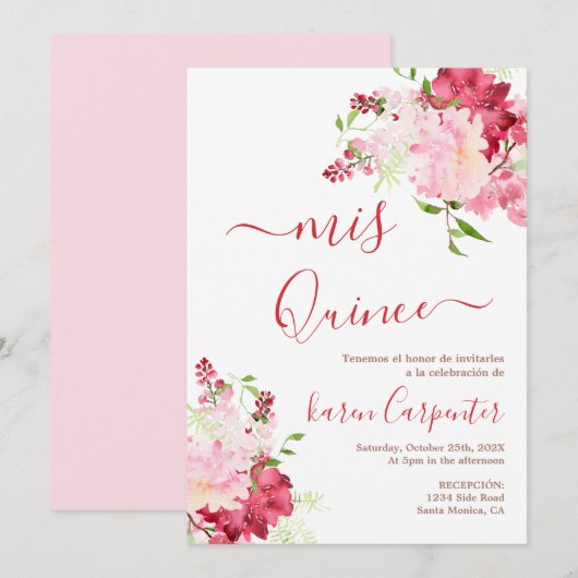 Fleur rose rouge Quinceanera Invitation (Devant / Derrière)