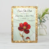 Fleur rouge en vitrail, carte de sauvegarde de dat (Debout devant)