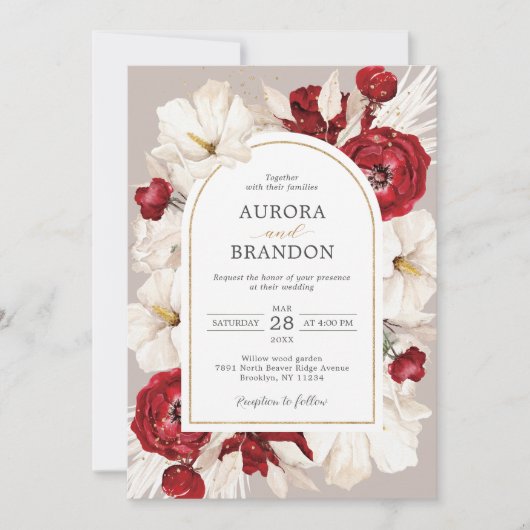 Fleur rouge et blanc rubis Invitation avec code QR (Devant)