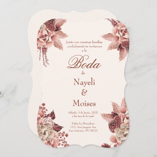 Fleur rouge et rose faire-part de mariage espagnol (Devant / Derrière)