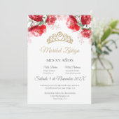 Fleur rouge Quinceanera invitation avec couronne (Debout devant)