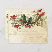 Fleur rouge Vintage Oiseaux de mariage RSVP (Devant / Derrière)