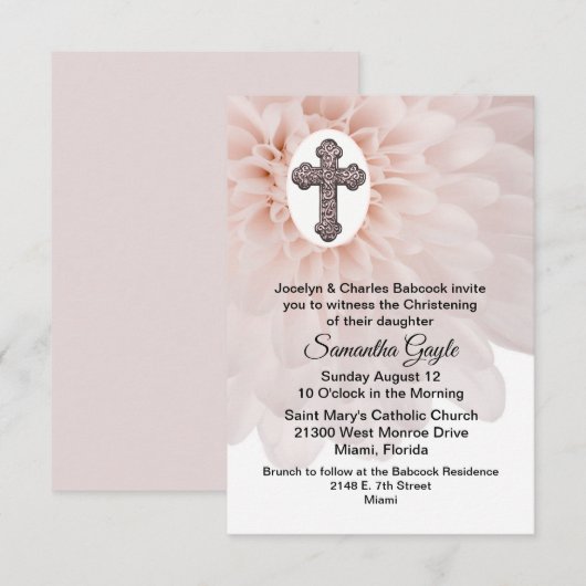Fleur rousse et Croix Bébé Christening Invitation (Devant / Derrière)