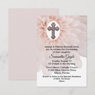 Fleur rousse et Croix Bébé Christening Invitation