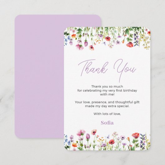 Fleur sauvage 1er anniversaire Carte de remercieme (Devant / Derrière)