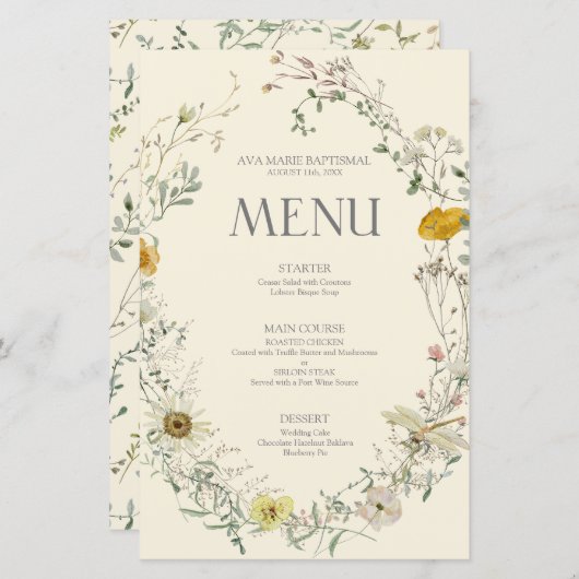 Fleur sauvage Aquarelle été automne menu (Devant / Derrière)