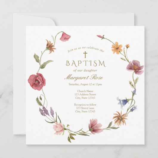 Fleur sauvage Baby Baptism Invitation (Devant)
