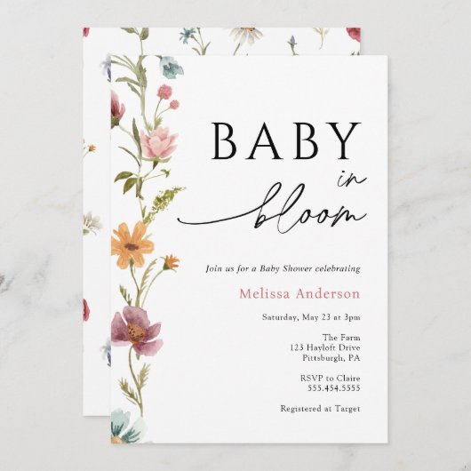 Fleur sauvage Baby in Bloom Baby shower Invitation (Devant / Derrière)