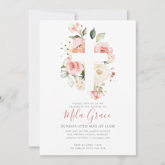 Fleur sauvage Baptême Invitation fille (Devant)