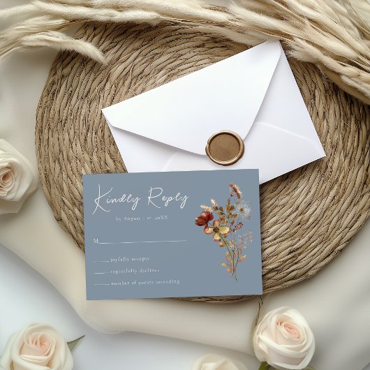 Fleur sauvage bleu Dusty Boho Wedding Carte RSVP